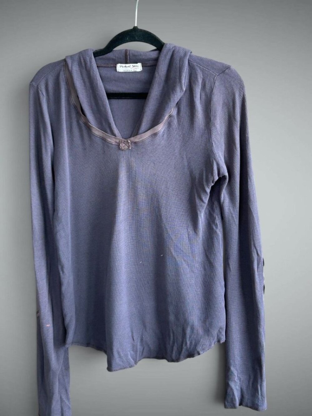 Michael Stars Gray Waffle Weave Hooded Long Sleeve T-Shirt One Size